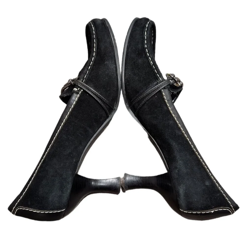 Franco Sarto Black Suede Round Toe Pump Leather Heels Size 10M